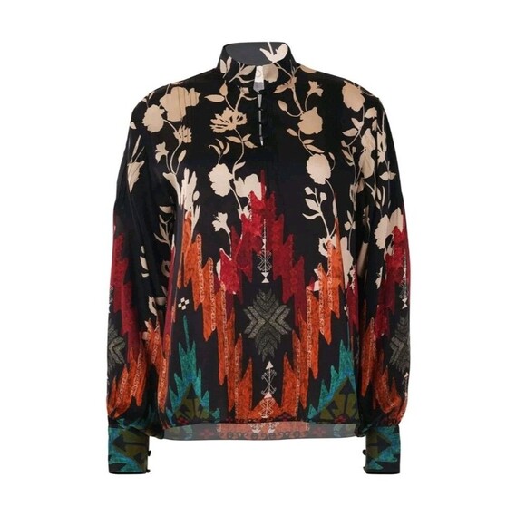 NWT La Fuori Dari Floral Printed Long Sleeve Silk Blouse Mandarin Collar Size M - Picture 1 of 10